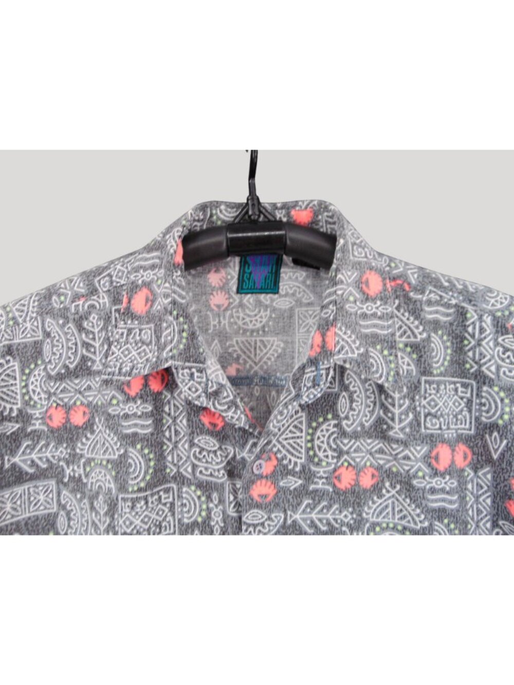Vintage 80s Mens Shah Safari Gray Pink Hieroglyphs Button Shirt Size XL Abstract - Picture 6 of 11